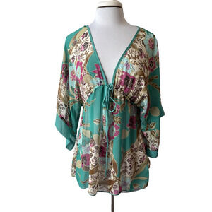 Women's XXS Sexy Boho Beach Sheer Short‎ Colorful Floral Kimono Top Fairycore